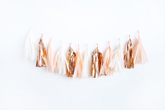 So Peachy Tassel Garland - tissue paper fringe banner | rose gold, peach, cream Il_570xn