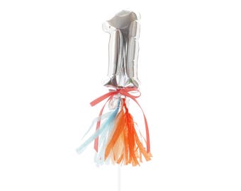 Mini Number Balloon Inflated with Cup & Stick - silver foil mylar with tassels - cake topper table number
