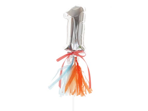 Mini Number Balloon Inflated with Cup & Stick - silver foil mylar with tassels - cake topper table number Il_570xn