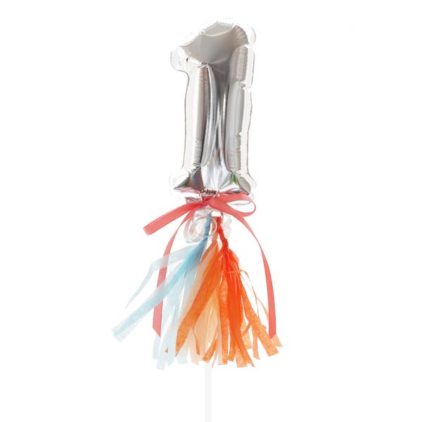 Mini Number Balloon Inflated with Cup & Stick - silver foil mylar with tassels - cake topper table number
