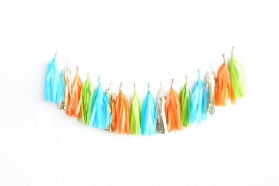 Dinosaur Party Tassel Garland - tissue paper fringe | bright blue, gold, orange, lime Il_570xn
