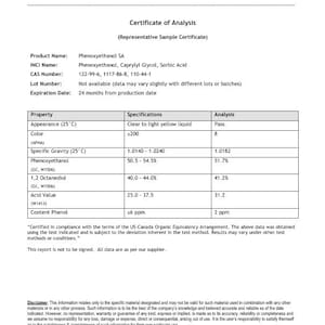 May include: A certificate of analysis from Making Cosmetics. The document includes product name, INCI name, CAS number, and specifications for Phenoxyethanol SA. The appearance is a clear to light yellow liquid, with a specific gravity of 1.0182.