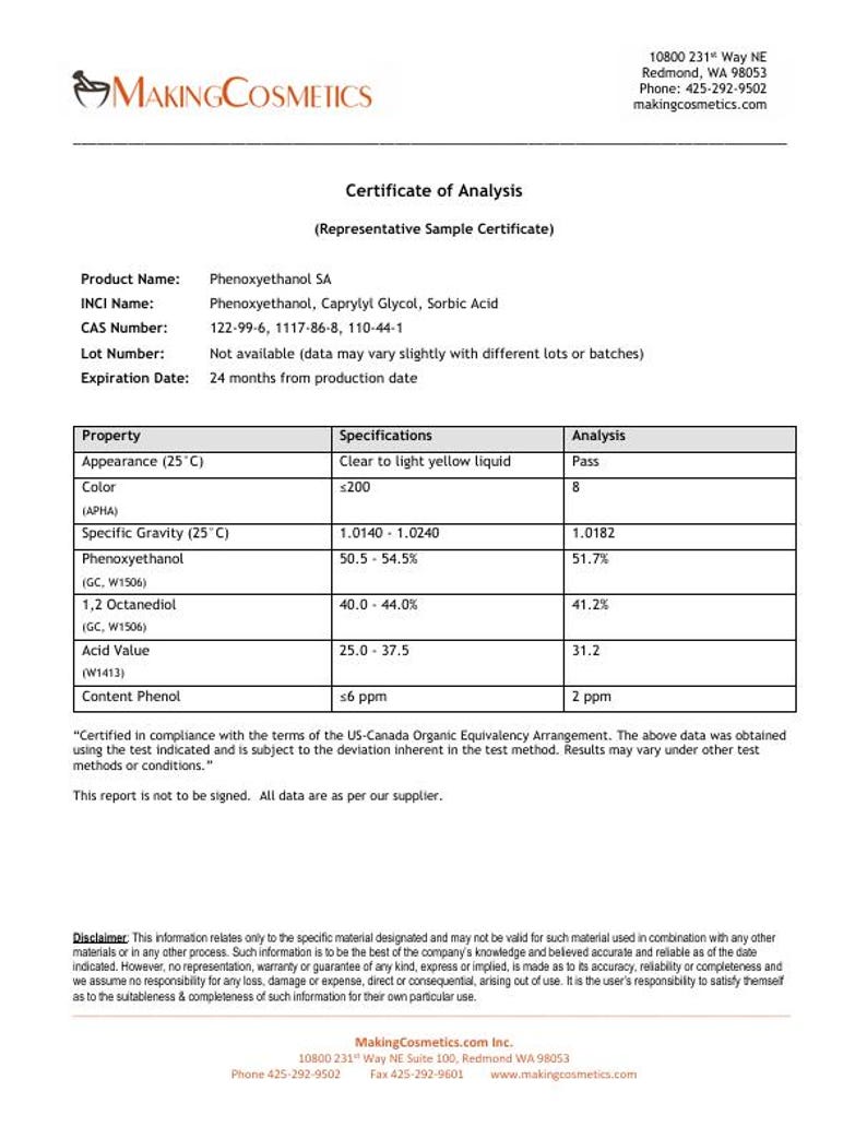 May include: A certificate of analysis from Making Cosmetics. The document includes product name, INCI name, CAS number, and specifications for Phenoxyethanol SA. The appearance is a clear to light yellow liquid, with a specific gravity of 1.0182.