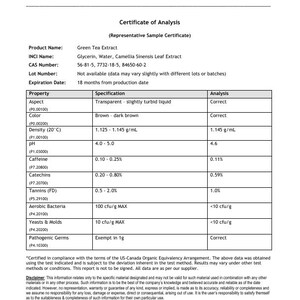 May include: A certificate of analysis from MakingCosmetics.com, detailing the properties of Green Tea Extract. The document includes specifications for aspect, color, density, pH, caffeine, catechins, tannins, and microbial content.