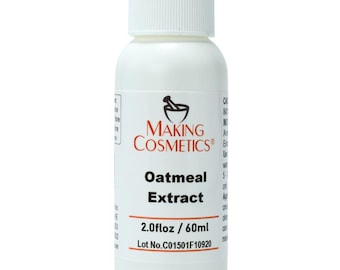 May include: A white plastic bottle with a white cap. The label reads "MAKING COSMETICS Oatmeal Extract 2.0 fl oz / 60ml". The bottle has a logo of a mortar and pestle. The product is for cosmetic use.