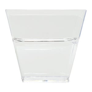 May include: A clear, square-shaped plastic container with a slightly flared top. The container has a horizontal line near the top, creating a subtle design element. The transparent material allows for full visibility of the contents.