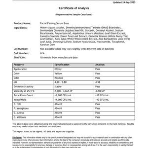 May include: A certificate of analysis from Making Cosmetics, updated September 24, 2025. The document lists the product name as Facial Firming Serum Base, with ingredients and specifications. The appearance is glossy, color is yellow, and odor is rooibos.