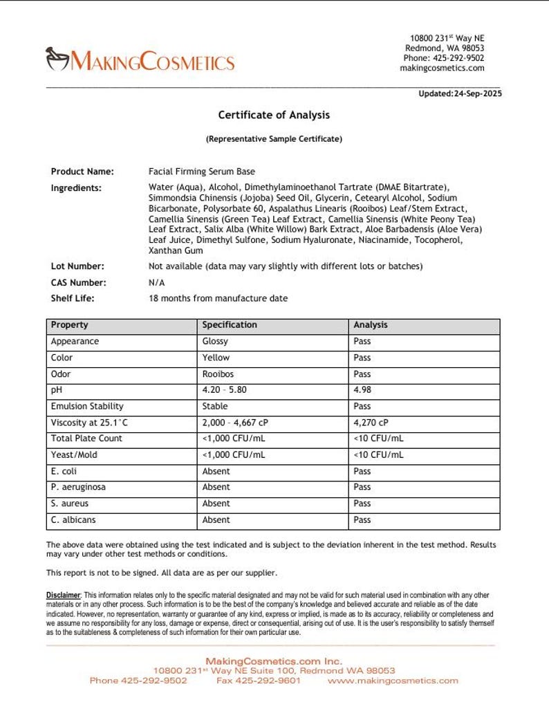 May include: A certificate of analysis from Making Cosmetics, updated September 24, 2025. The document lists the product name as Facial Firming Serum Base, with ingredients and specifications. The appearance is glossy, color is yellow, and odor is rooibos.