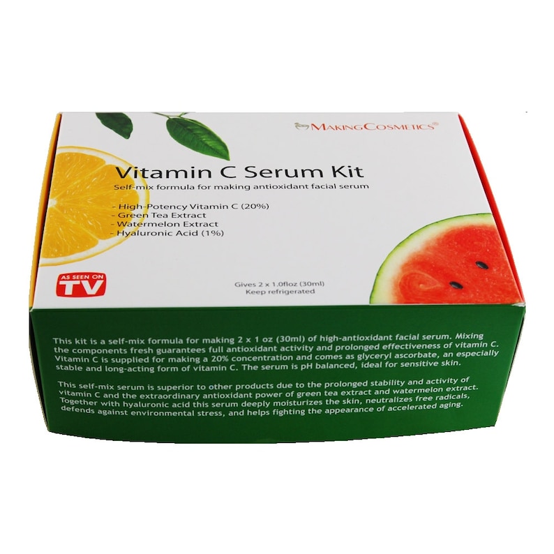 May include: A box of Vitamin C Serum Kit for making antioxidant facial serum. The box is green, red, and white with a watermelon and lemon design. The box says "Vitamin C Serum Kit" and lists the ingredients: High-Potency Vitamin C (20%), Green Tea Extract, Watermelon Extract, Hyaluronic Acid (1%).
