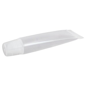 May include: A clear, empty plastic tube with a white screw-on cap. The tube is angled slightly, showing its elongated shape and the opening at the end. The cap is round and smooth, contrasting with the tube's body. Ideal for lip gloss or cosmetic products.
