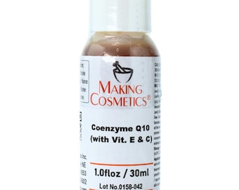 May include: A small bottle of Making Cosmetics Coenzyme Q10 with Vitamin E & C. The bottle has a white cap and a clear label with text. The liquid inside is a light brown color. The bottle contains 1.0 fl oz / 30ml.