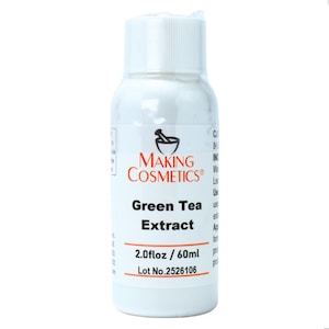 May include: A white bottle of Green Tea Extract from Making Cosmetics. The label includes the text "2.0 fl oz / 60ml" and "Lot No.2526106". The bottle has a white cap and a label with the brand's logo.