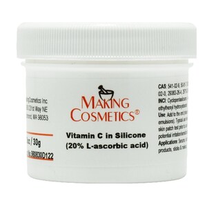 May include: White plastic jar with a red and black label that reads "Making Cosmetics" and "Vitamin C in Silicone (20% L-ascorbic acid)".