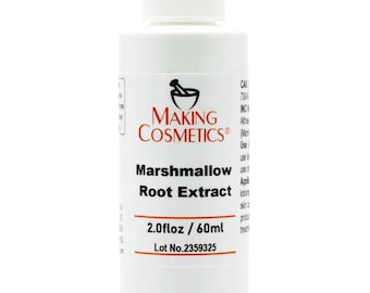 May include: A white bottle of Marshmallow Root Extract from Making Cosmetics. The label includes the product name, volume of 2.0 fl oz / 60ml, and a lot number. The bottle has a white cap.