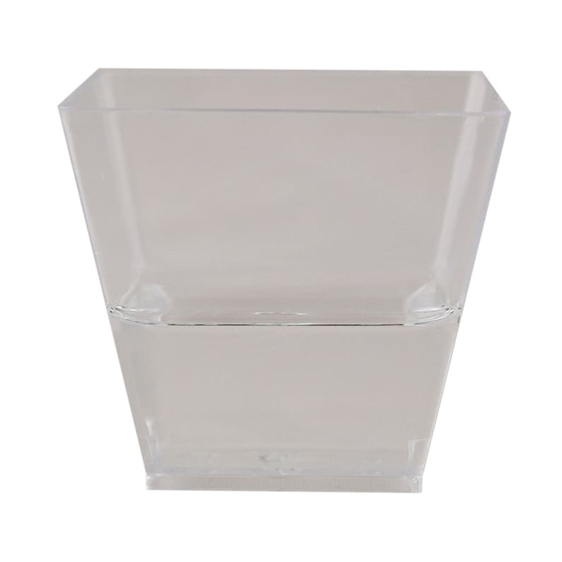 May include: A clear, square-shaped plastic cup with a slightly tapered design. The cup is transparent, allowing visibility of any contents. Ideal for serving small portions of food or beverages.