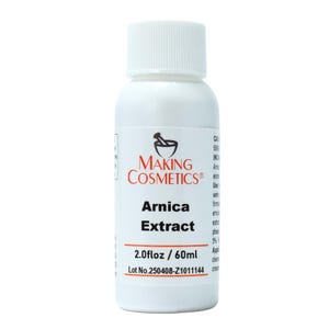 May include: A white bottle of Arnica Extract from Making Cosmetics. The label includes the text "2.0 fl oz / 60ml" and "Lot No.250408-Z1011144". The bottle has a white cap and a red and black logo.