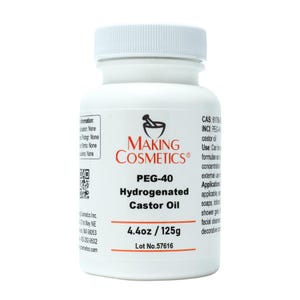 May include: A white plastic bottle of PEG-40 Hydrogenated Castor Oil from Making Cosmetics. The label includes the product name, weight of 4.4oz (125g), and a lot number. The bottle has a white cap.
