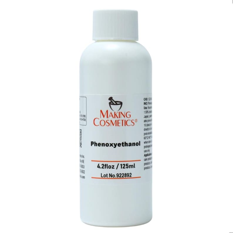 May include: A white bottle with a white cap, labeled "MAKING COSMETICS" and "Phenoxyethanol." The bottle contains 4.2 fl oz, equivalent to 125ml. The label also includes a lot number. The bottle is designed for cosmetic use.