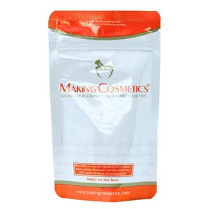 May include: A white and clear cosmetic ingredient pouch with an orange top and bottom. The pouch features the "MAKING COSMETICS" logo and text, specializing in cosmetic ingredients since 1997. The text "Pure undiluted cosmetic ingredient" is also visible.
