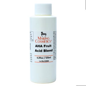 May include: A white bottle of AHA Fruit Acid Blend from Making Cosmetics. The label includes the product name, a logo, and the volume: 4.2 fl oz / 125ml. The bottle has a white cap and is on a white background.