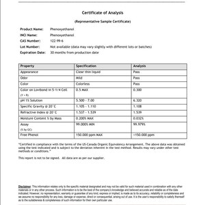 May include: A white document titled "Certificate of Analysis" from MakingCosmetics. The document lists the product name, Phenoxyethanol, and its specifications. The document includes a disclaimer and company contact information.