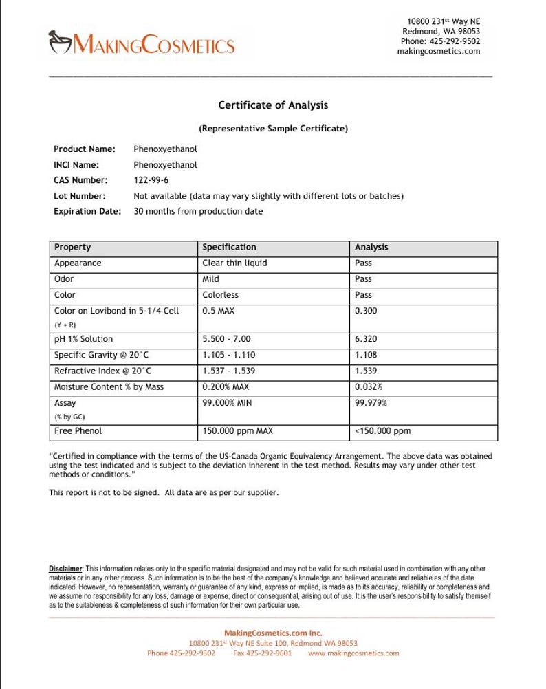 May include: A white document titled "Certificate of Analysis" from MakingCosmetics. The document lists the product name, Phenoxyethanol, and its specifications. The document includes a disclaimer and company contact information.