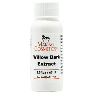 May include: A white bottle with a red label that says "Making Cosmetics" and "Willow Bark Extract". The bottle contains 2.0 fl oz / 60 ml of liquid and has a lot number of B24G11712.