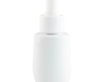 May include: A white plastic bottle with a dropper top. The bottle is empty and has a smooth, rounded shape.