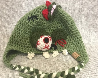 Crochet Zombie Earflap Hat, All Ages, Monster Hat for Halloween, Zombie Beanie, Scary Fun Hat