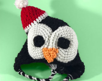 Christmas Penguin Earflap Hat, All Ages, Braided Earflap Hat, Winter Holiday Hat