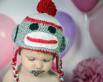 Sock Monkey Trapper Hat, All Ages, Birthday Smash Cake Hat, Earflap Hat