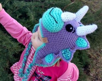 Crochet Dinosaur Winter Hat, All Ages, Triceratops Hat, Birthday Cake Smash Hat, Earflap Beanie