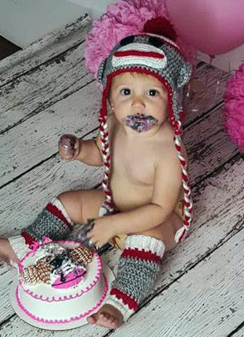 Sock Monkey Cake Smash Outfit, Photography Outfit, Hat and leggings Set image 1