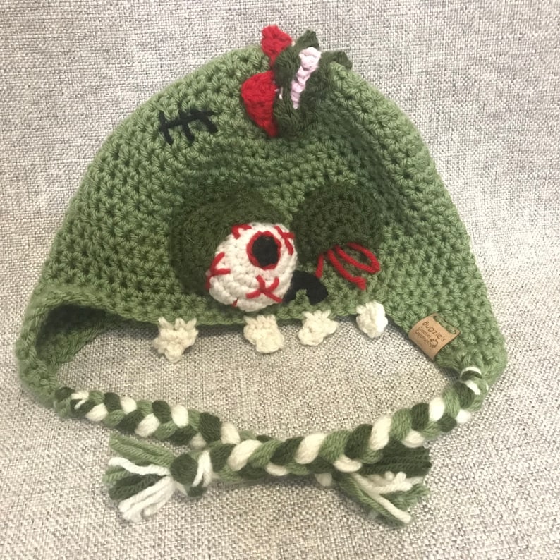 Crochet Zombie Earflap Hat, All Ages, Monster Hat for Halloween, Zombie Beanie, Scary Fun Hat image 1