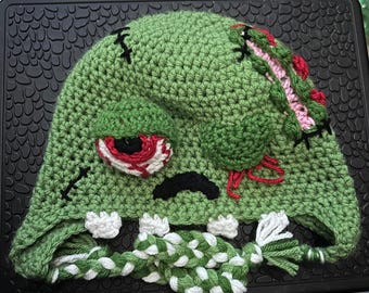 Crochet Zombie Earflap Hat, All Ages, Monster Hat for Halloween, Zombie Beanie, Scary Fun Hat