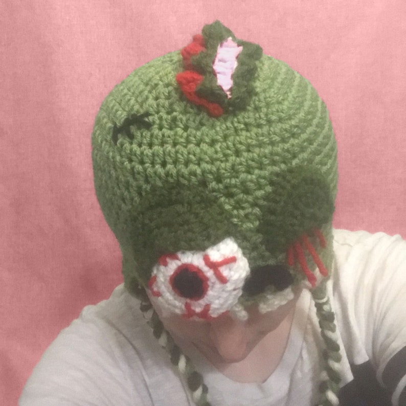 Crochet Zombie Earflap Hat, All Ages, Monster Hat for Halloween, Zombie Beanie, Scary Fun Hat image 4