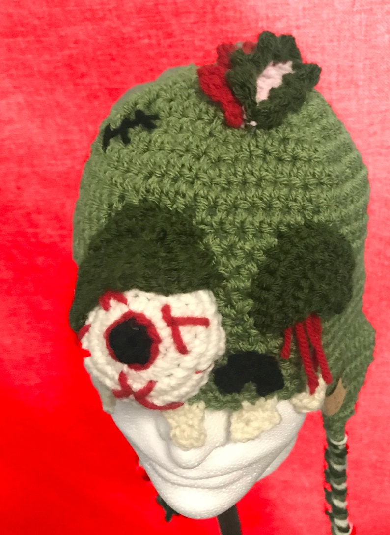 Crochet Zombie Earflap Hat, All Ages, Monster Hat for Halloween, Zombie Beanie, Scary Fun Hat image 2