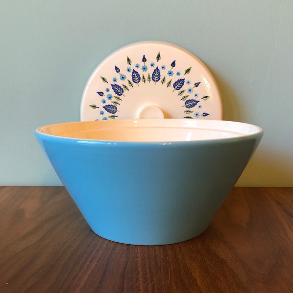 Vintage Marcrest Alpine Swiss  Chalet Covered Vegetable Bowl, Blue Green Leaves Serving Dish With Lid,  Mid Century Modern