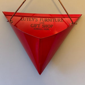 Vintage Red Lutey&#39;s Furniture And Gift Shop Kimball, Nebr. Hanging Dustpan With Advertising