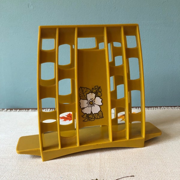 Vintage Mid Century Plastic Fall /Thanksgiving Decor Napkin Holder, Retro Mustard/ Gold With Flower Napkin Holder, MCM Napkin Holder.