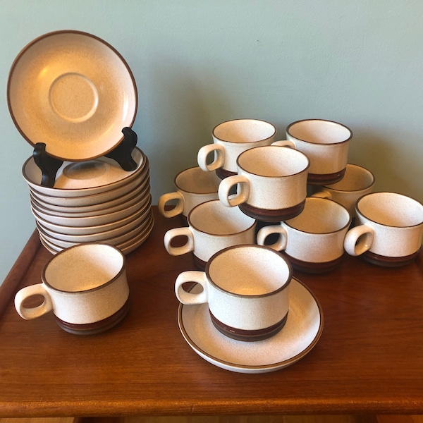 Denby Potters Wheel Stoneware Cup And Saucers, Denby Stoneware 1970s Vintage,  Retro Pottery, Speckled And Striped, 11 Cups And 12 Saucers