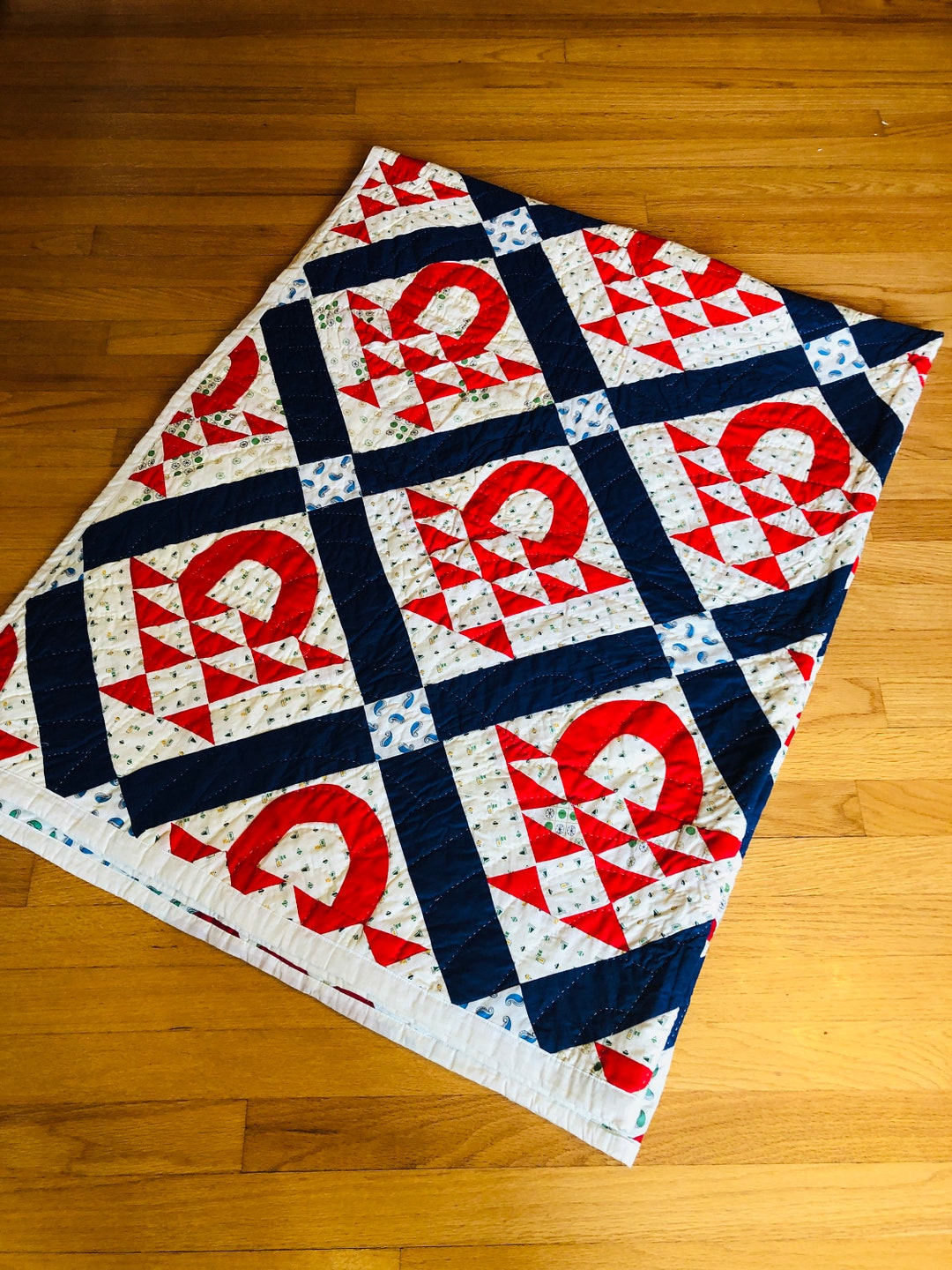 Vintage Classic Basket Quilt Retro Red White and Blue Basket Etsy
