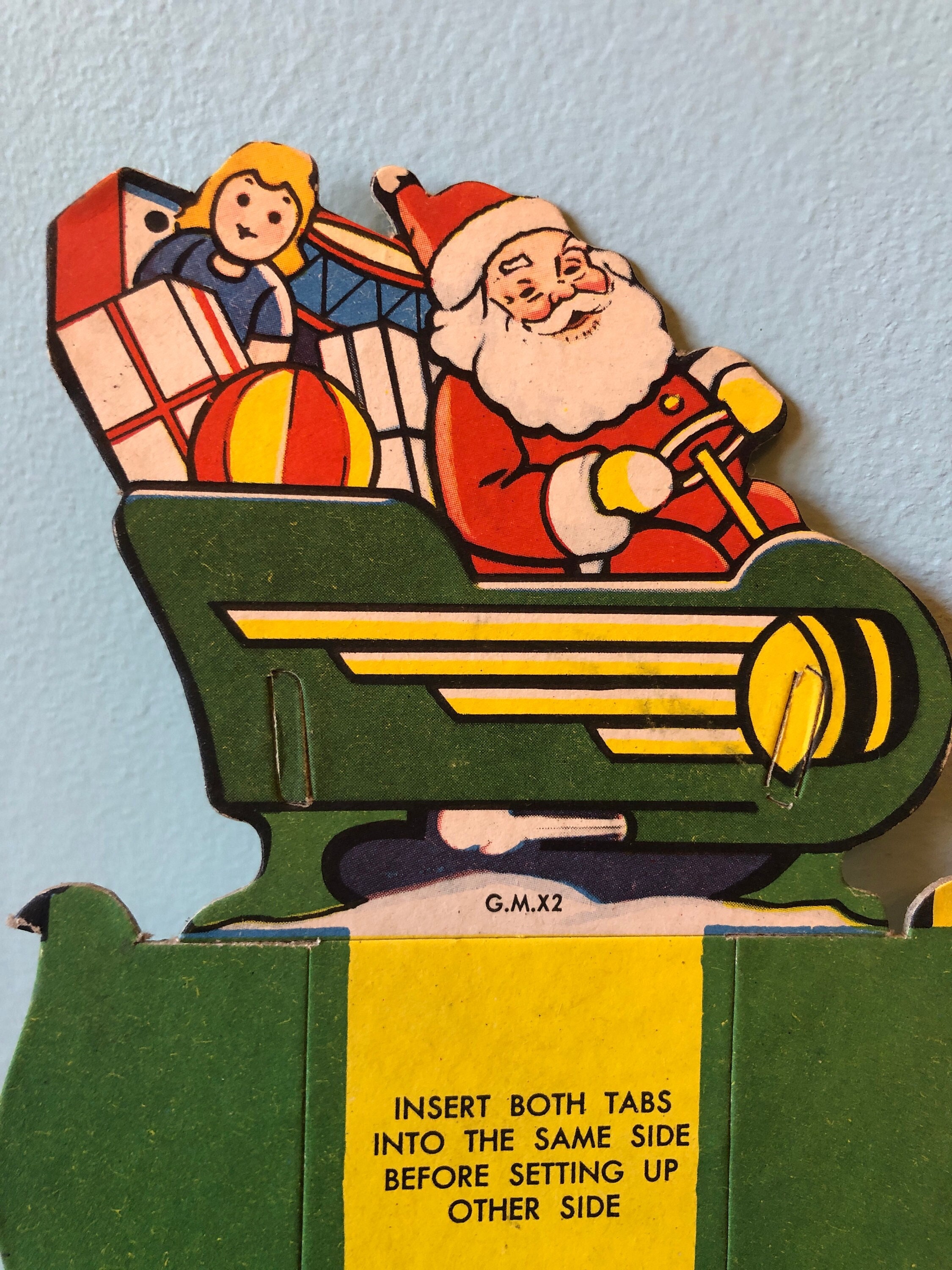cupVintage opvouwbare kerstman in slee met cadeautjes kartonnen gestanste decoratie, G.M.X2 kerstman in slee met cadeautjes snoep/noot container.