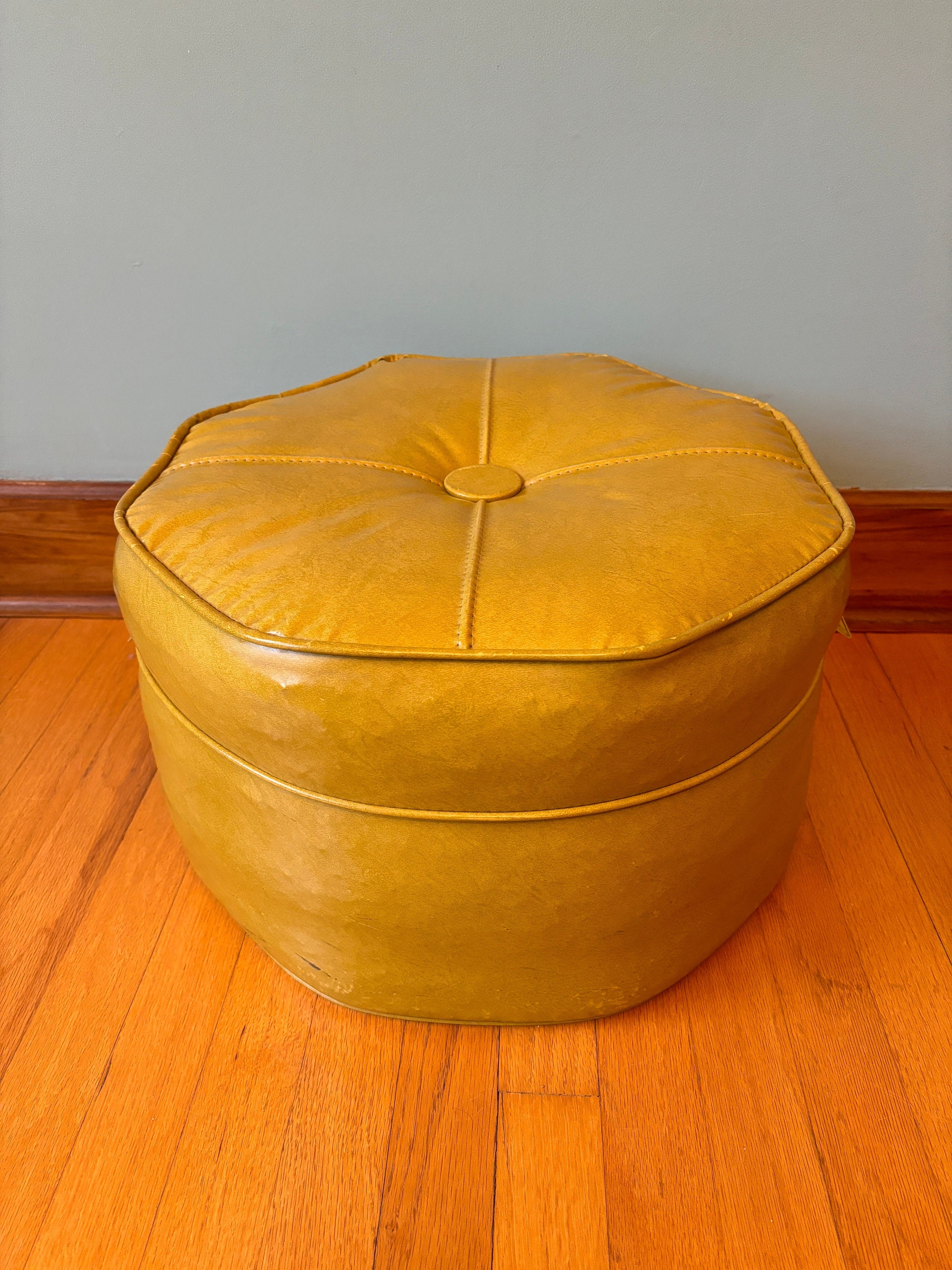 Vintage Mid Century Modern Gold Mustard Yellow Vinyl Ottoman Retro MCM Harvest Gold Stool Footstool Ottoman Hassock Pouf