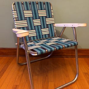 Vintage Blue Plaid Webbing Folding Lawn Chair - MCM Patio Camp Chair