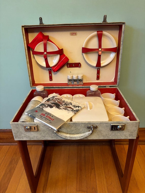 Vintage Mid Century Sirram Suitcase Picnic Set, Re