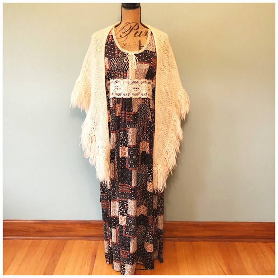Vintage 1970s Hippy Boho Dress, Retro Zipper Polye