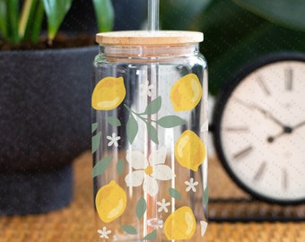 Vaso de vidrio de 16 oz n.º 100115 Lemon Bloom con tapa de bambú a prueba de derrames, pajita de vidrio, lata de cerveza de vidrio, café helado, batido