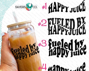 Fueled by Happy Juice™, Iced Coffee Cup, Custom Can Glass with Bamboo Lid and Straw, Mothers Day Gift 16oz tumbler #100067