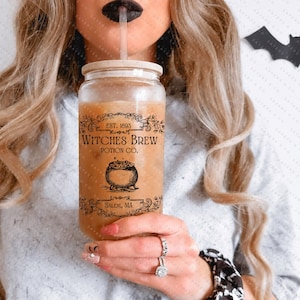 16oz Witches Brew Potion Co Iced Coffee Glass Can, Fall Tumbler, Gift For Her, Halloween Mug, Potion Iced Coffee Can with Bamboo Lid & Straw